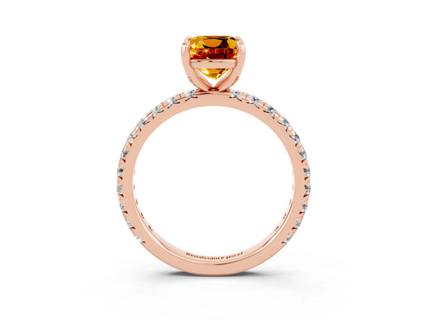 Rose gold Cushion Cut Citrine Pavé Solitaire Ring with Round Band and Prong Setting