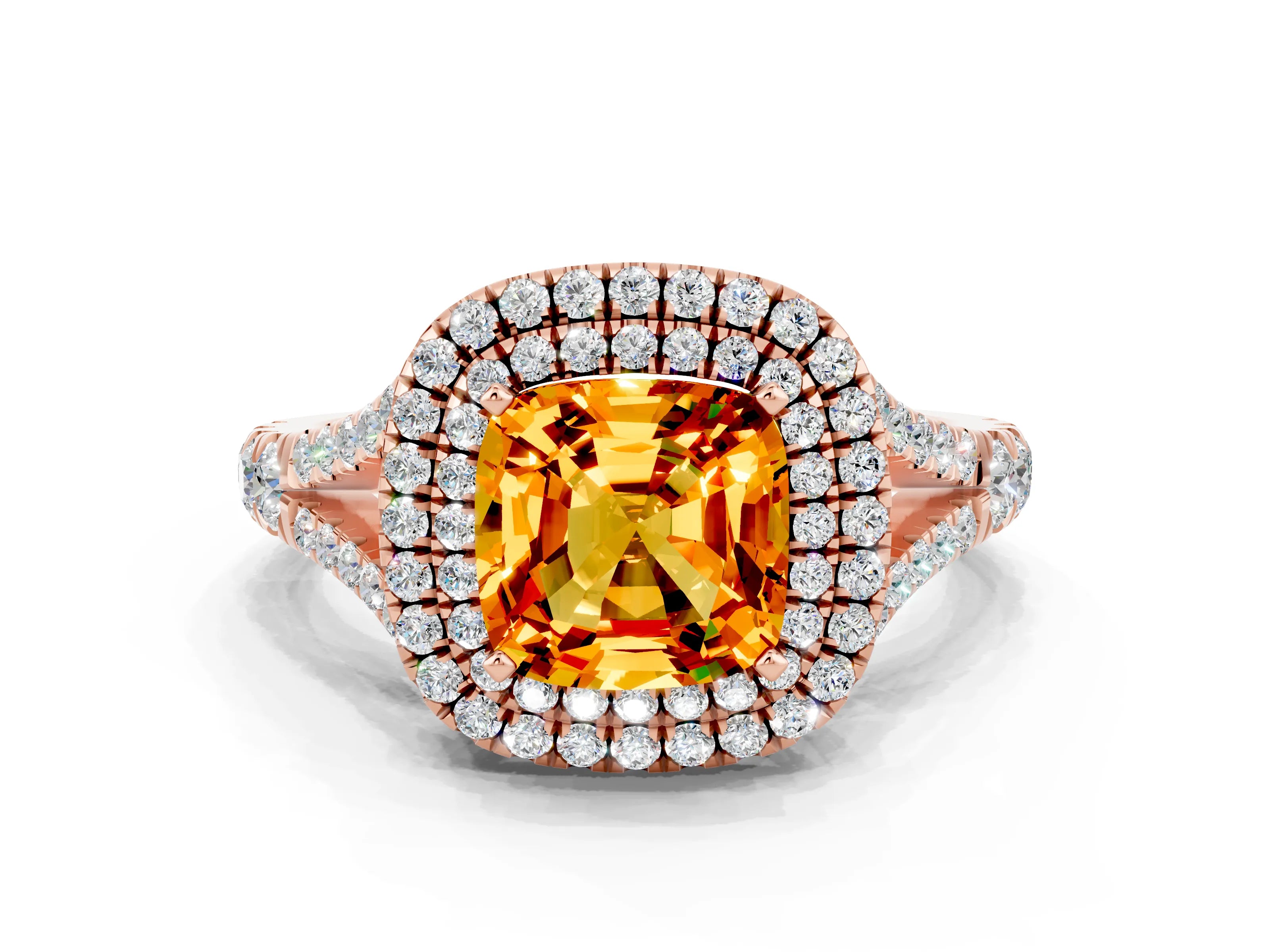 Rose gold Cushion Cut Citrine Pavé Split Shank Double Halo Engagement Ring