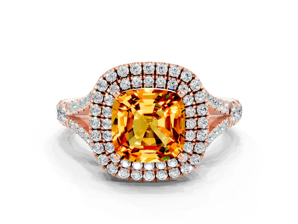 Rose gold Cushion Cut Citrine Pavé Split Shank Double Halo Engagement Ring