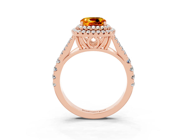 Rose gold Cushion Cut Citrine Pavé Split Shank Double Halo Engagement Ring