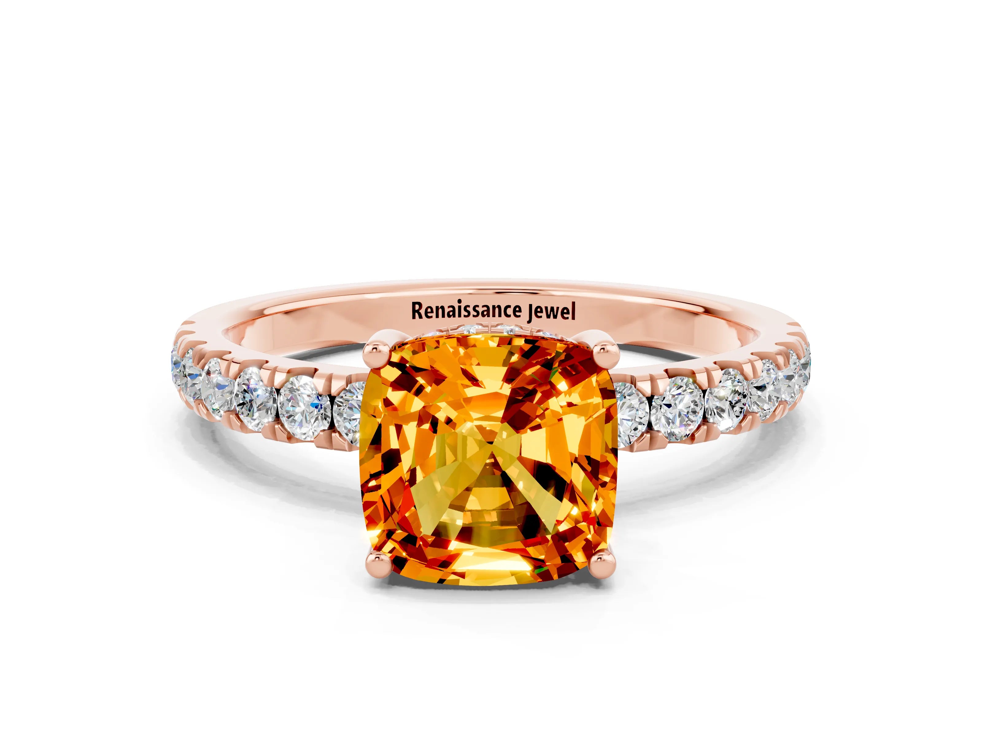 Rose gold Cushion Cut Citrine Pave Band Solitaire Ring with Four-Prong Setting_24