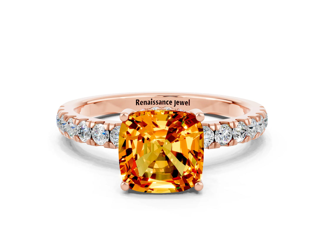 Rose gold Cushion Cut Citrine Pave Band Solitaire Ring with Four-Prong Setting_24