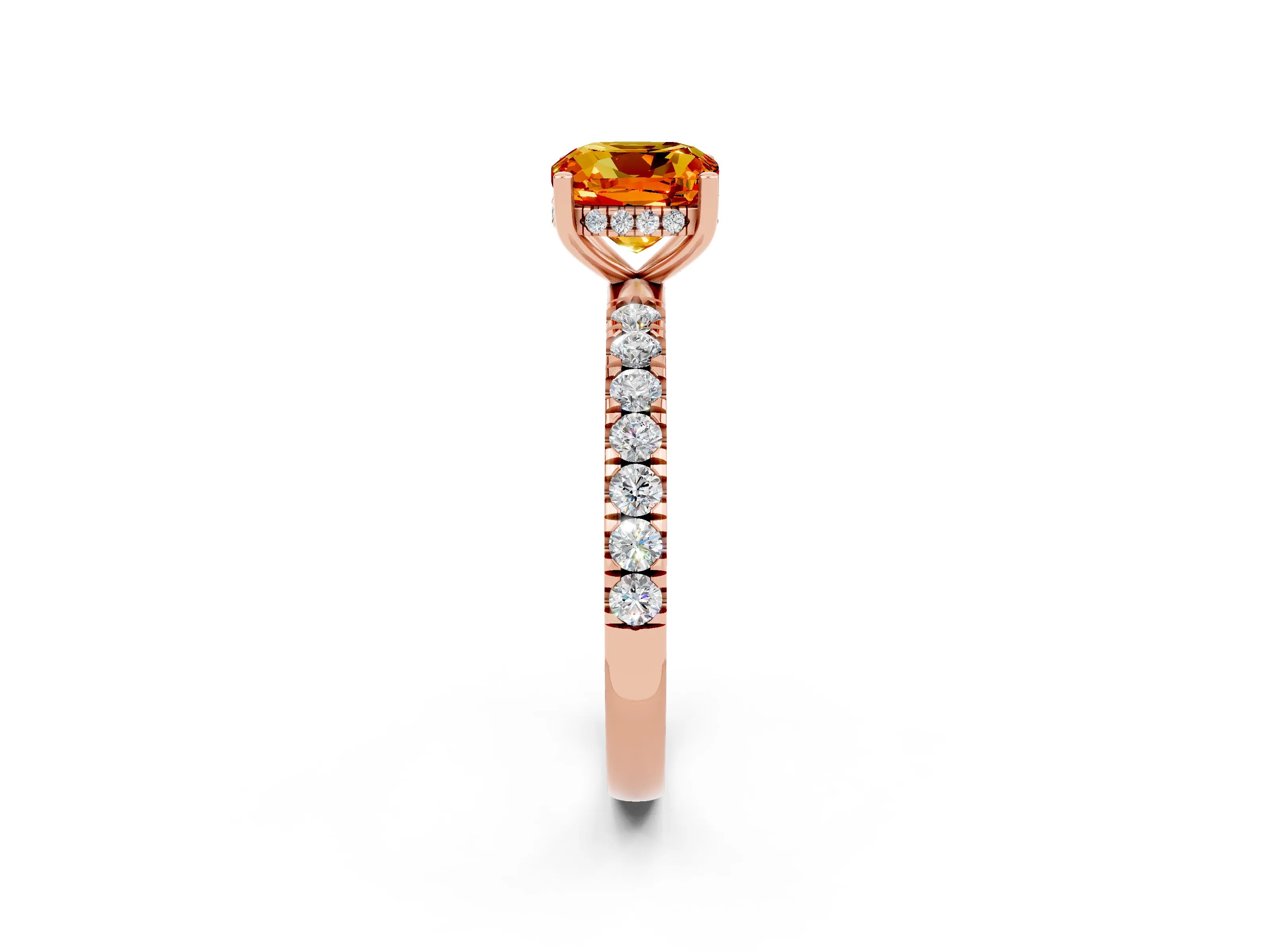 Rose gold Cushion Cut Citrine Pave Band Solitaire Ring with Four-Prong Setting_26