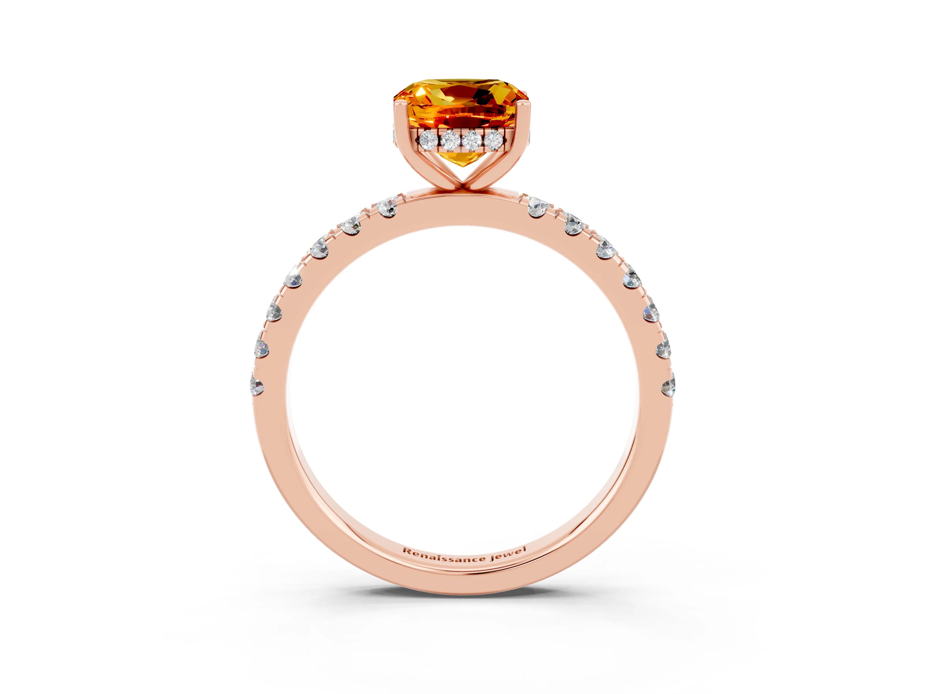 Rose gold Cushion Cut Citrine Pave Band Solitaire Ring with Four-Prong Setting_27