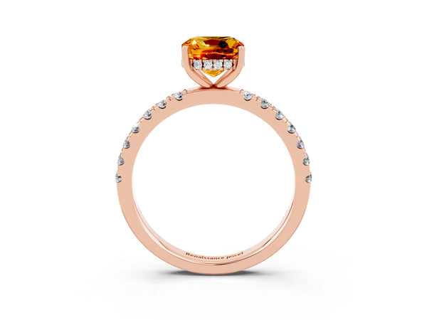 Rose gold Cushion Cut Citrine Pave Band Solitaire Ring with Round  and Prong Setting