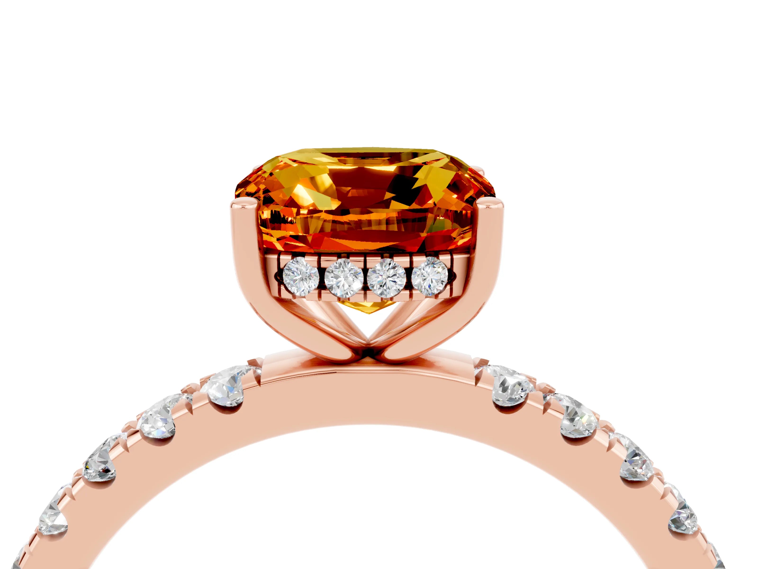 Rose gold Cushion Cut Citrine Pave Band Solitaire Ring with Four-Prong Setting_28
