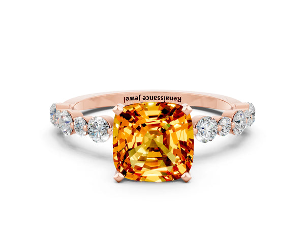 Rose gold Cushion Cut Citrine Prong Set Engagement Ring with Pavé Band