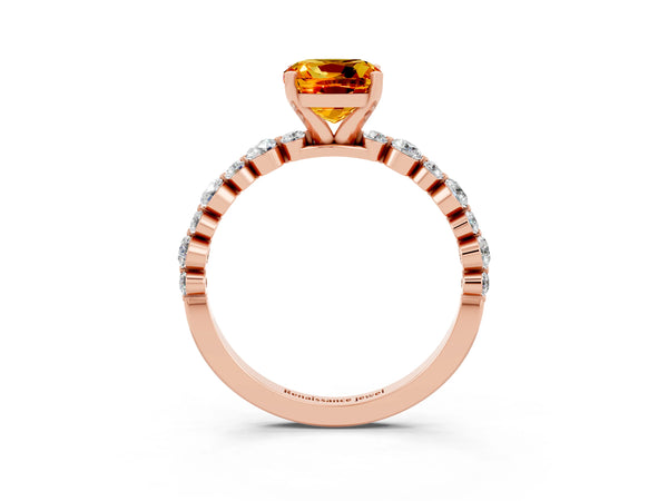 Rose gold Cushion Cut Citrine Prong Set Engagement Ring with Pavé Band