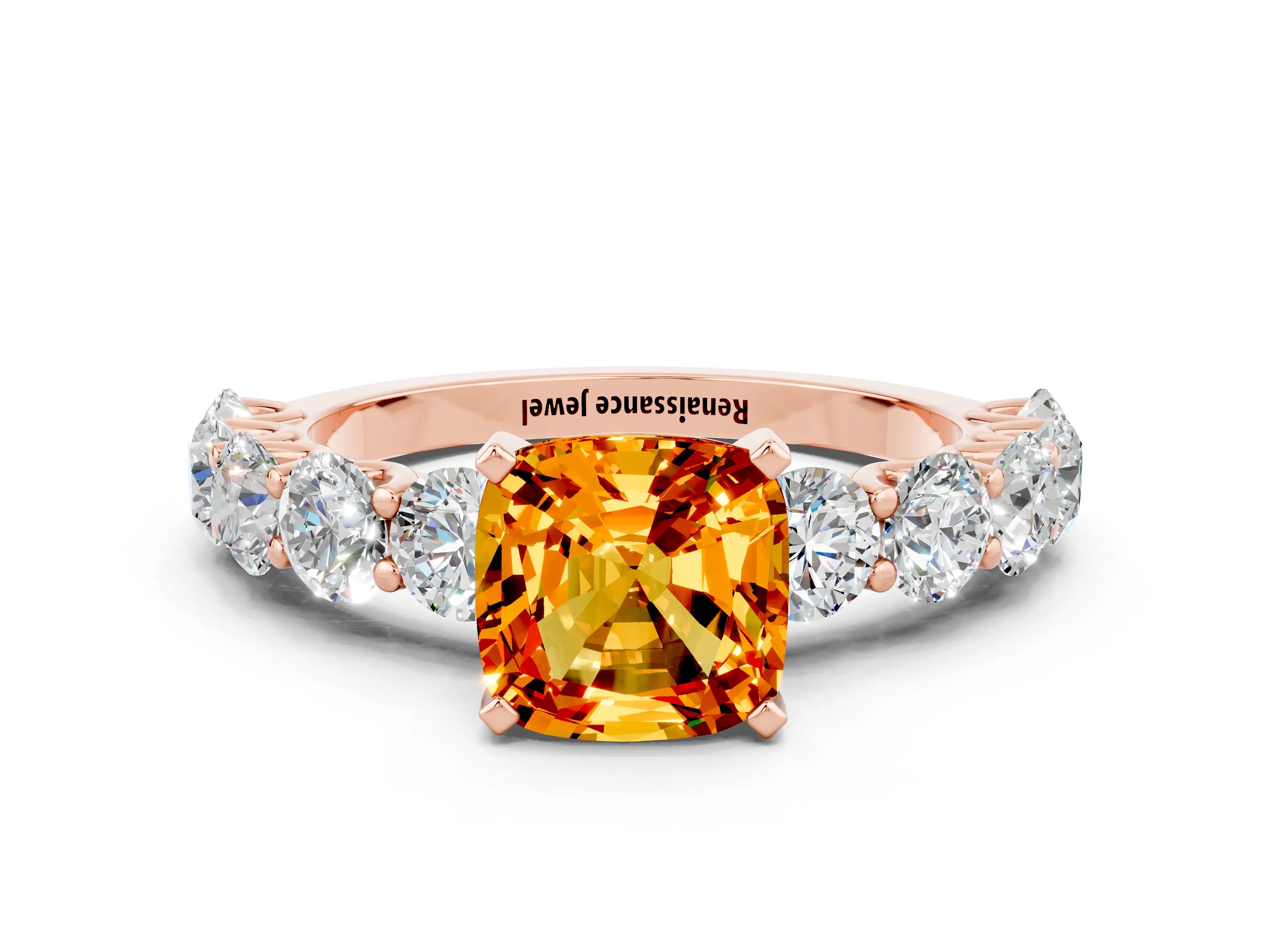 Rose gold Cushion Cut Citrine Prong Setting with Side Stones on a Pave Band