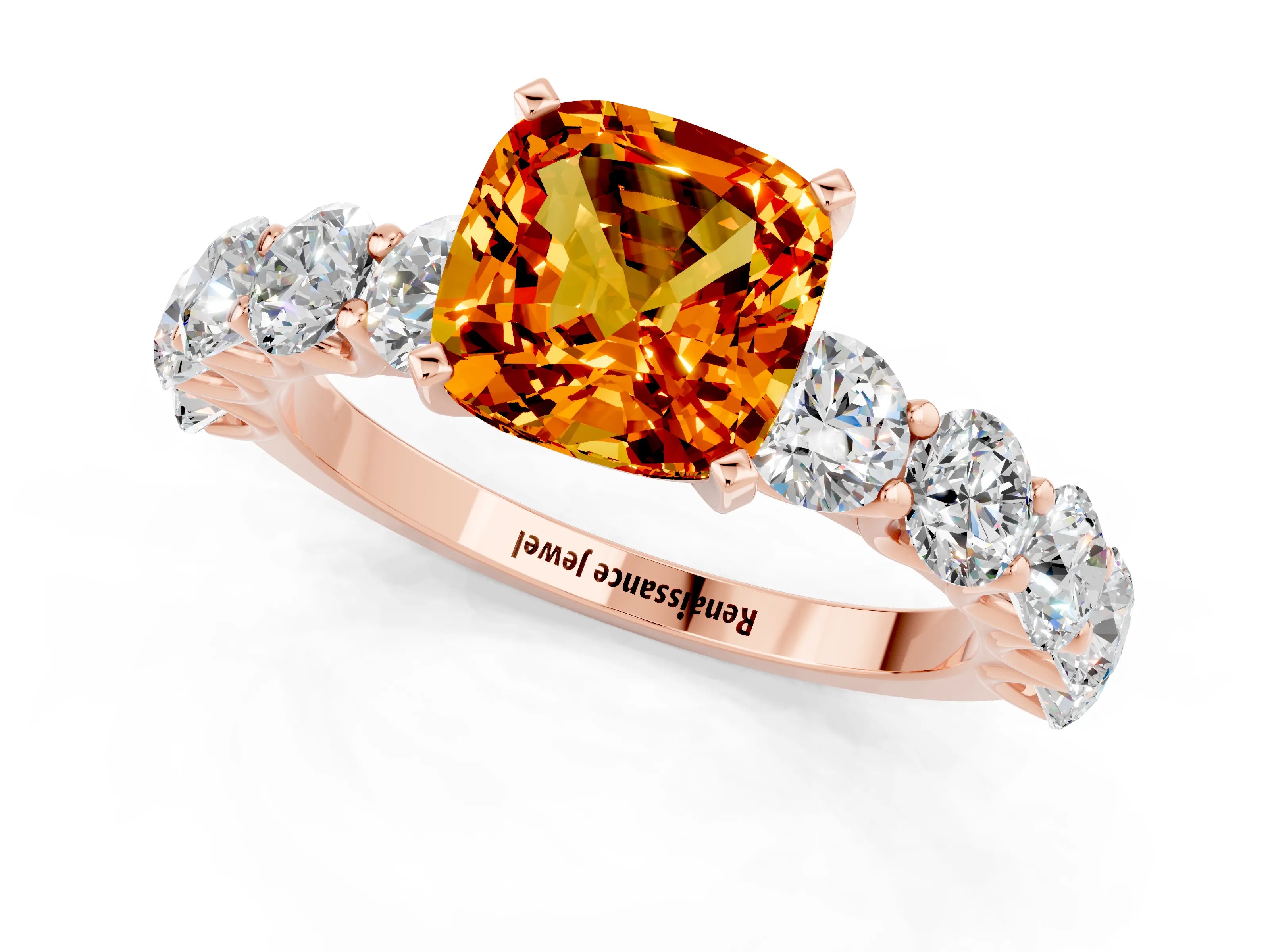 Rose gold Cushion Cut Citrine Prong Setting with Side Stones on a Pave Band_1