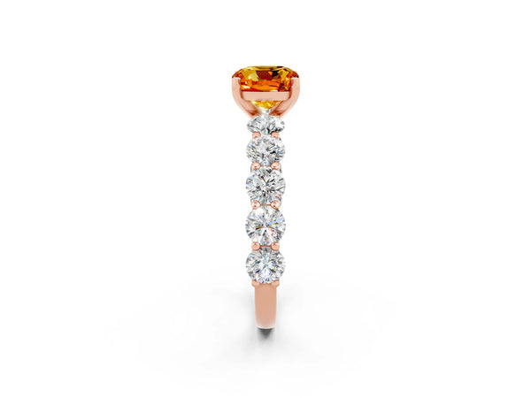 Rose gold Cushion Cut Citrine Prong Setting with Side Stones on a Pave Band