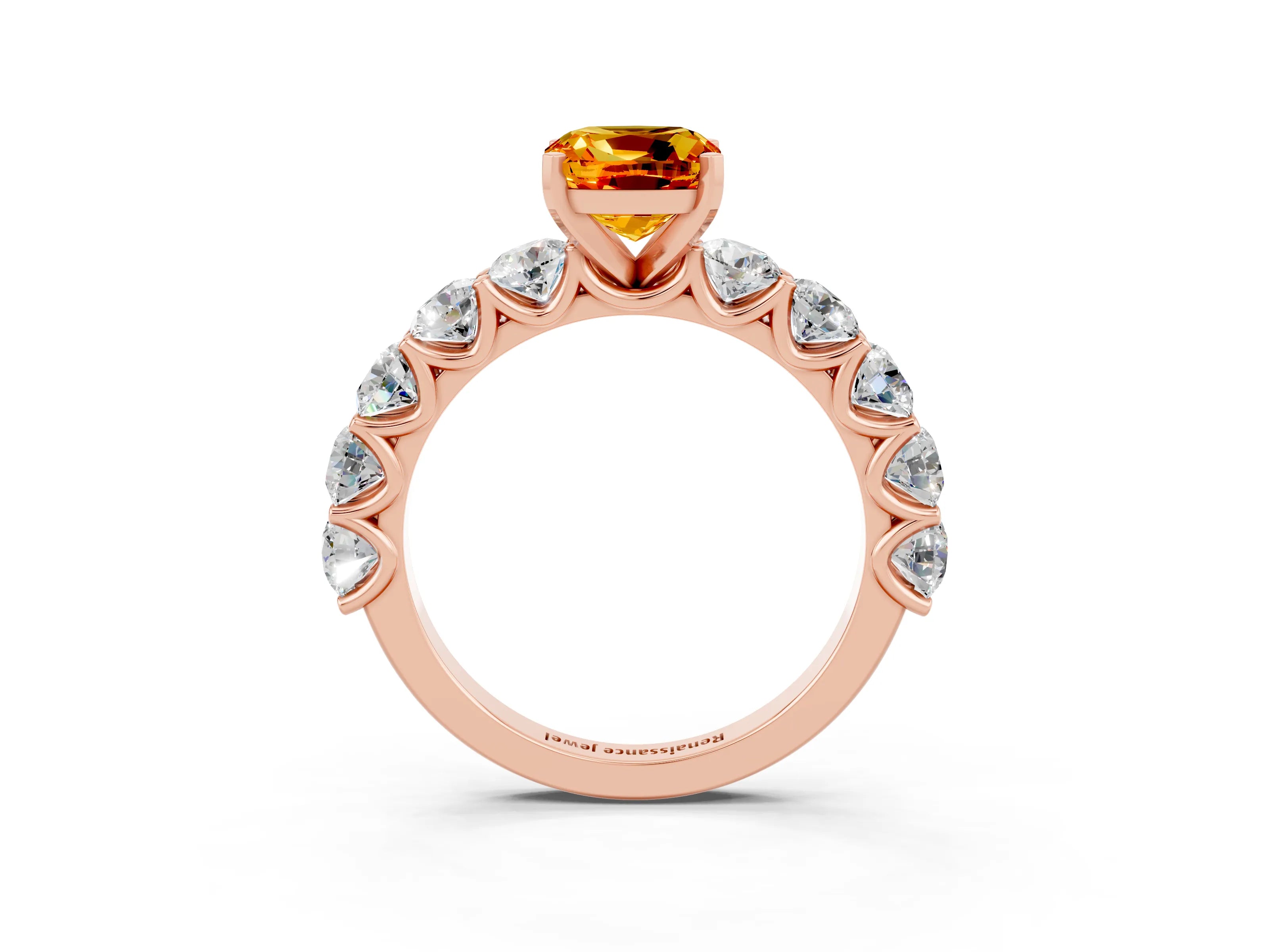 Rose gold Cushion Cut Citrine Prong Setting with Side Stones on a Pave Band_3