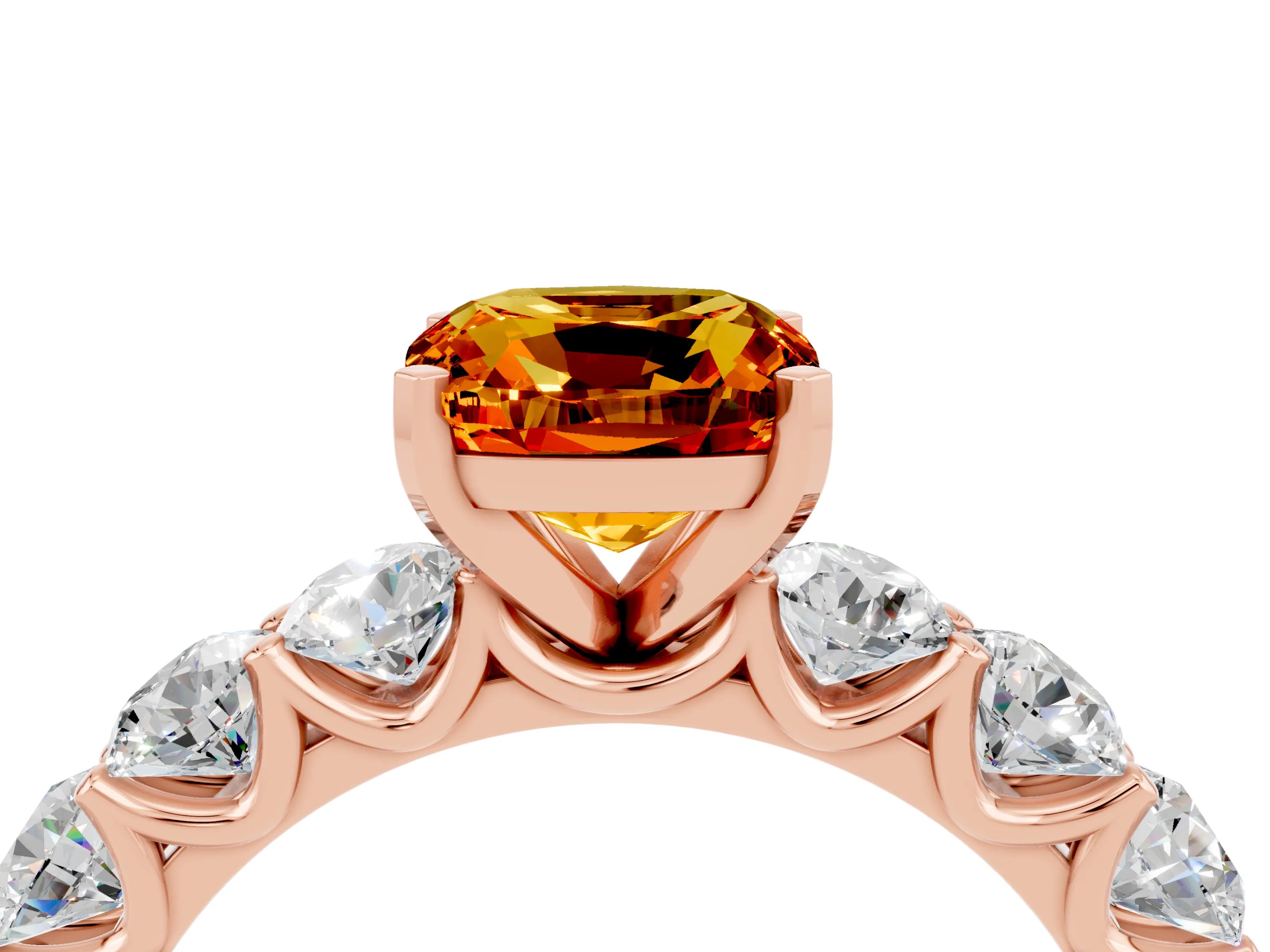 Rose gold Cushion Cut Citrine Prong Setting with Side Stones on a Pave Band_4