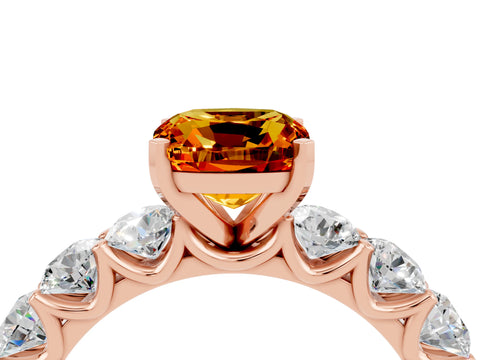 Rose gold Cushion Cut Citrine Prong Setting with Side Stones on a Pave Band_4