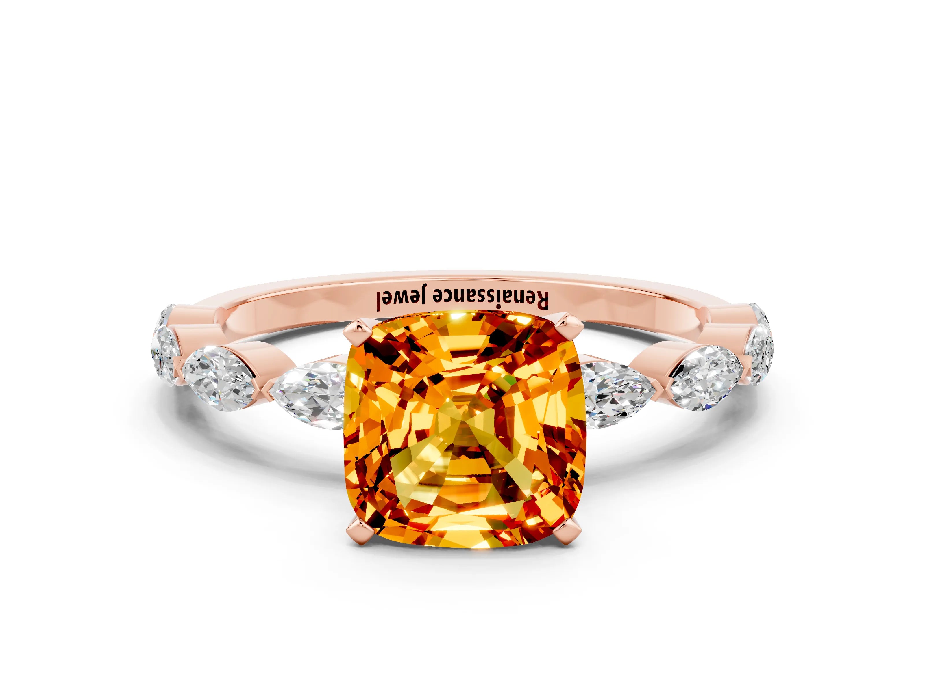 Rose gold Cushion Cut Citrine Ring with Marquise Side Stones and Prong Setting