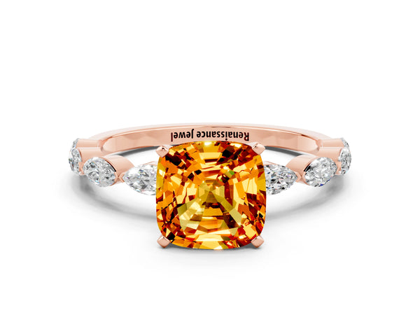 Rose gold Cushion Cut Citrine Ring with Marquise Side Stones and Prong Setting