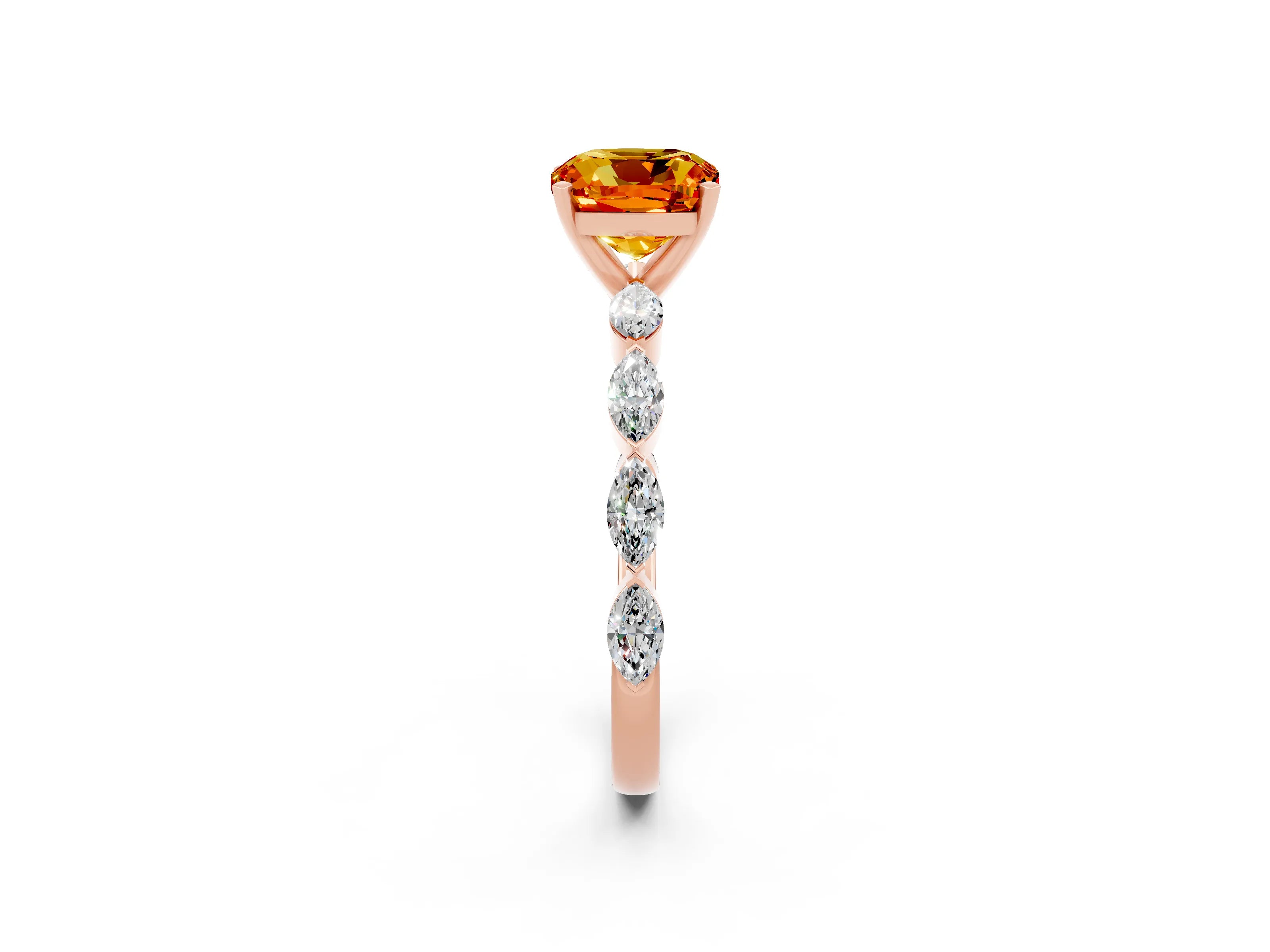 Rose gold Cushion Cut Citrine Ring with Marquise Side Stones and Prong Setting_2