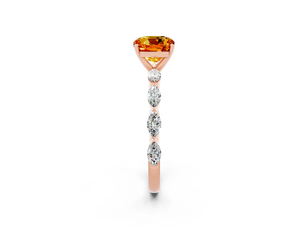 Rose gold Cushion Cut Citrine Ring with Marquise Side Stones and Prong Setting