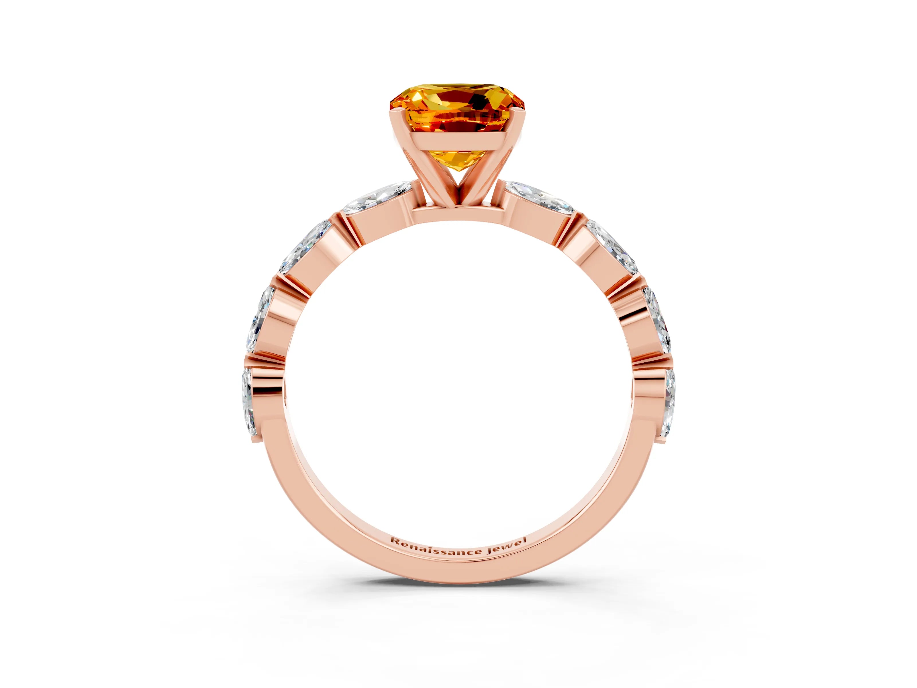 Rose gold Cushion Cut Citrine Ring with Marquise Side Stones and Prong Setting_3