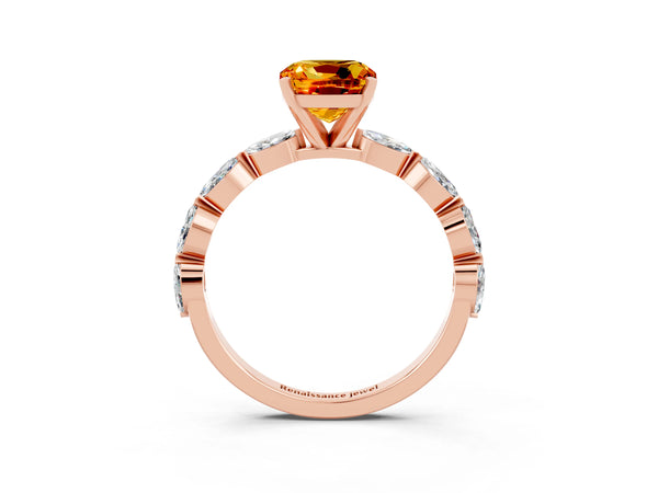 Rose gold Cushion Cut Citrine Ring with Marquise Side Stones and Prong Setting