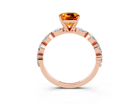 Rose gold Cushion Cut Citrine Ring with Marquise Side Stones and Prong Setting_3