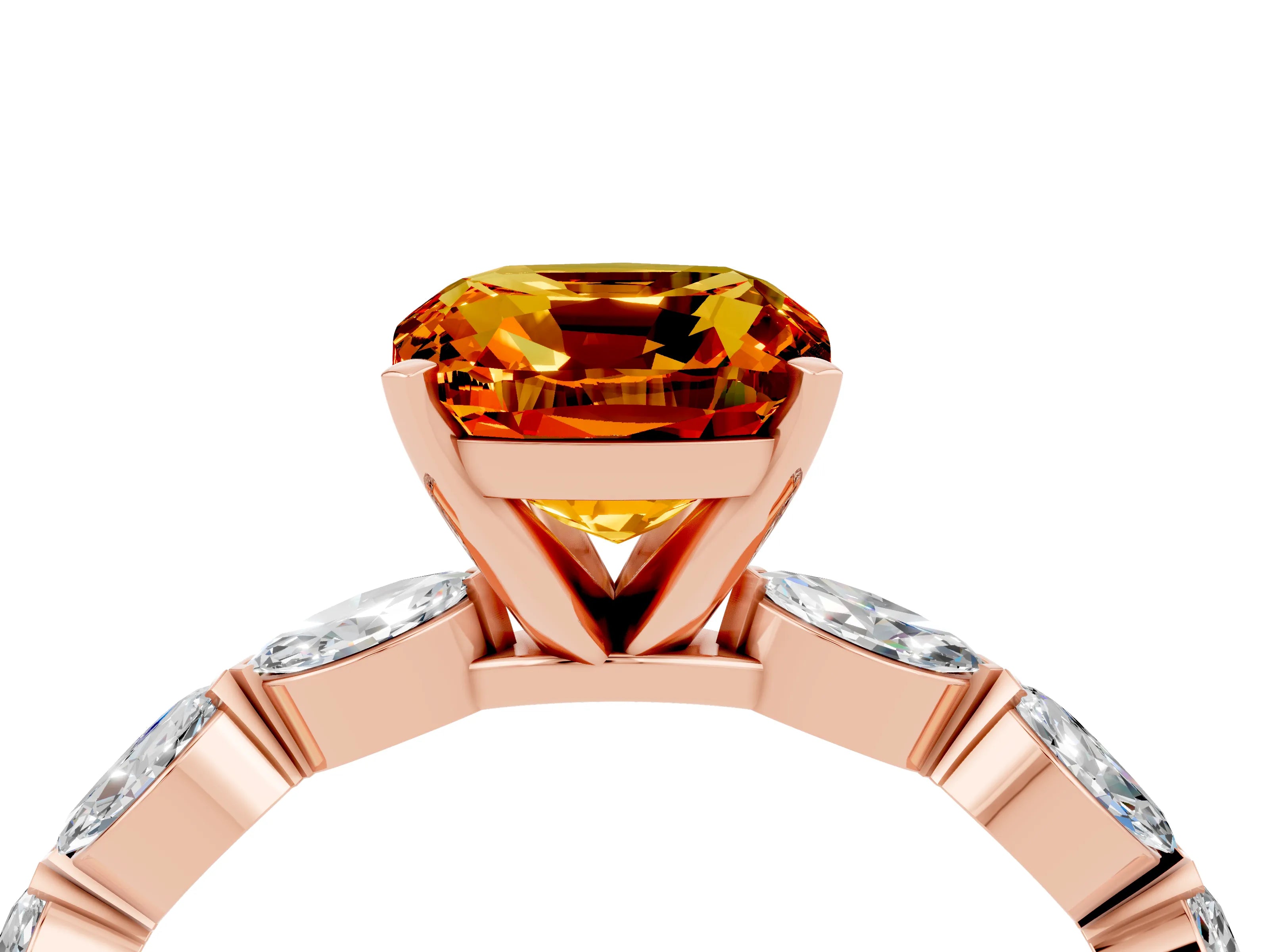 Rose gold Cushion Cut Citrine Ring with Marquise Side Stones and Prong Setting_4