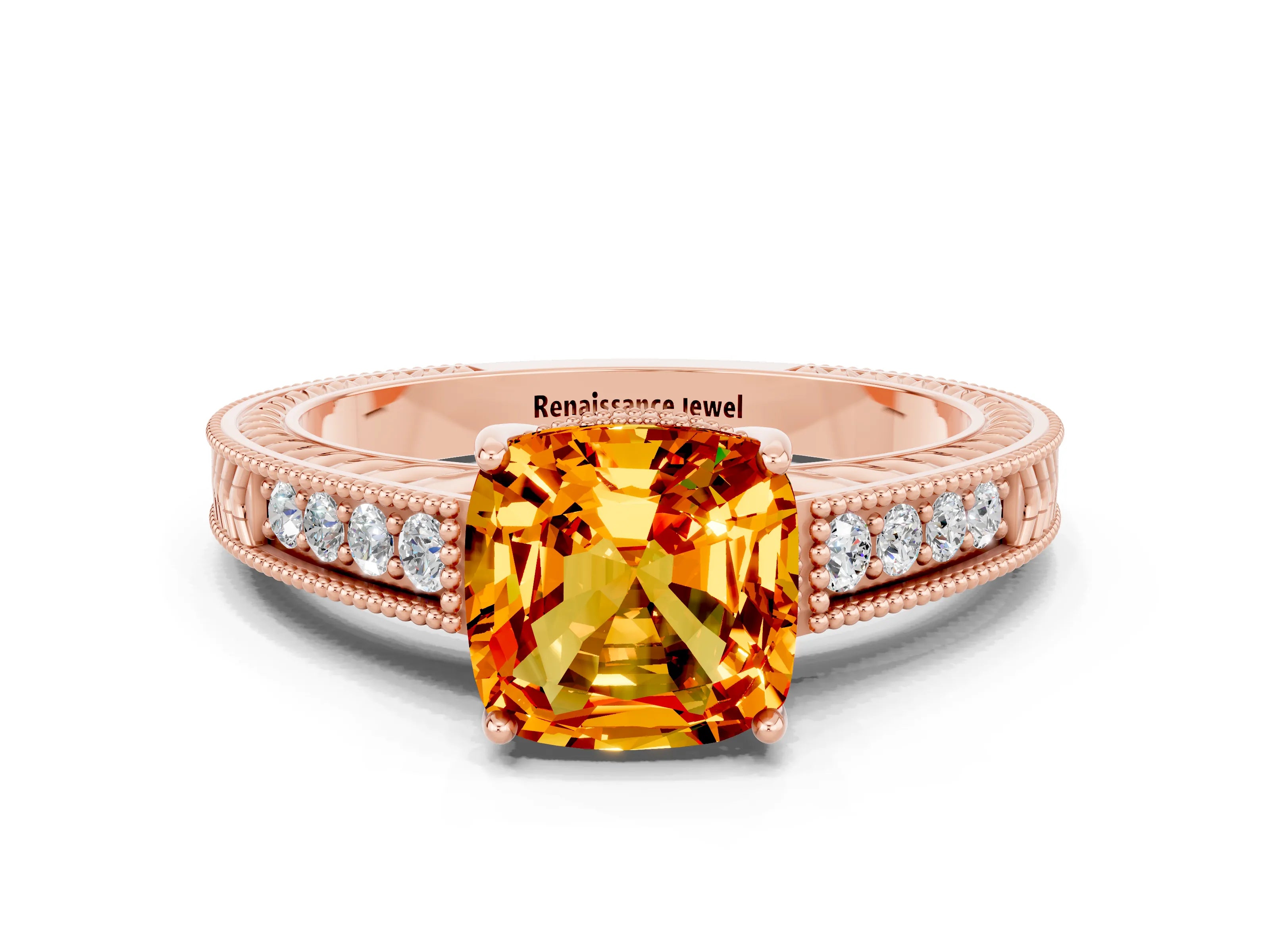 Rose gold Cushion Cut Citrine Ring with Milgrain Pavé Band and Four-Prong Setting_12