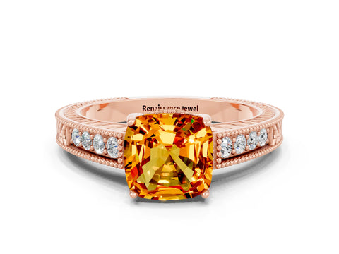 Rose gold Cushion Cut Citrine Ring with Milgrain Pavé Band and Four-Prong Setting_12