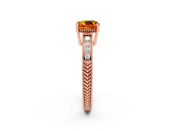 Rose gold Cushion Cut Citrine Ring with Milgrain Pavé Band and Four-Prong Setting