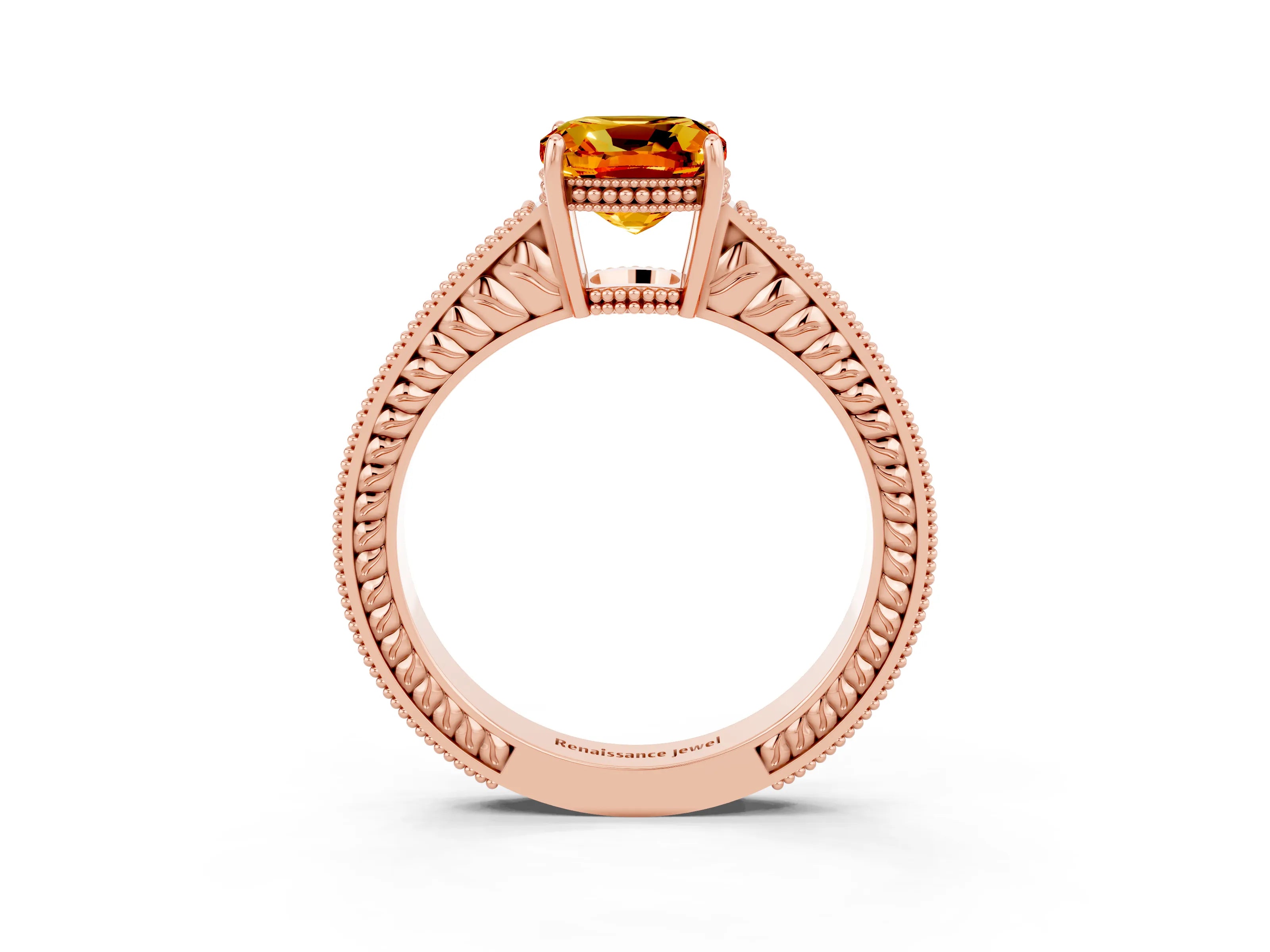 Rose gold Cushion Cut Citrine Ring with Milgrain Pavé Band and Four-Prong Setting_15