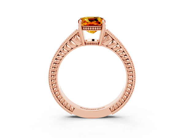 Rose gold Cushion Cut Citrine Ring with Milgrain Pavé Band and Four-Prong Setting