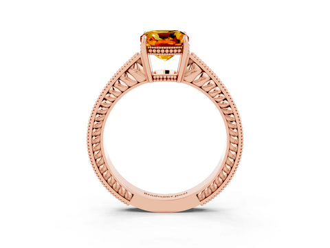 Rose gold Cushion Cut Citrine Ring with Milgrain Pavé Band and Four-Prong Setting_15