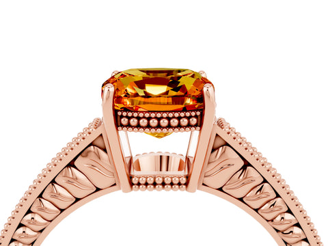 Rose gold Cushion Cut Citrine Ring with Milgrain Pavé Band and Four-Prong Setting_16