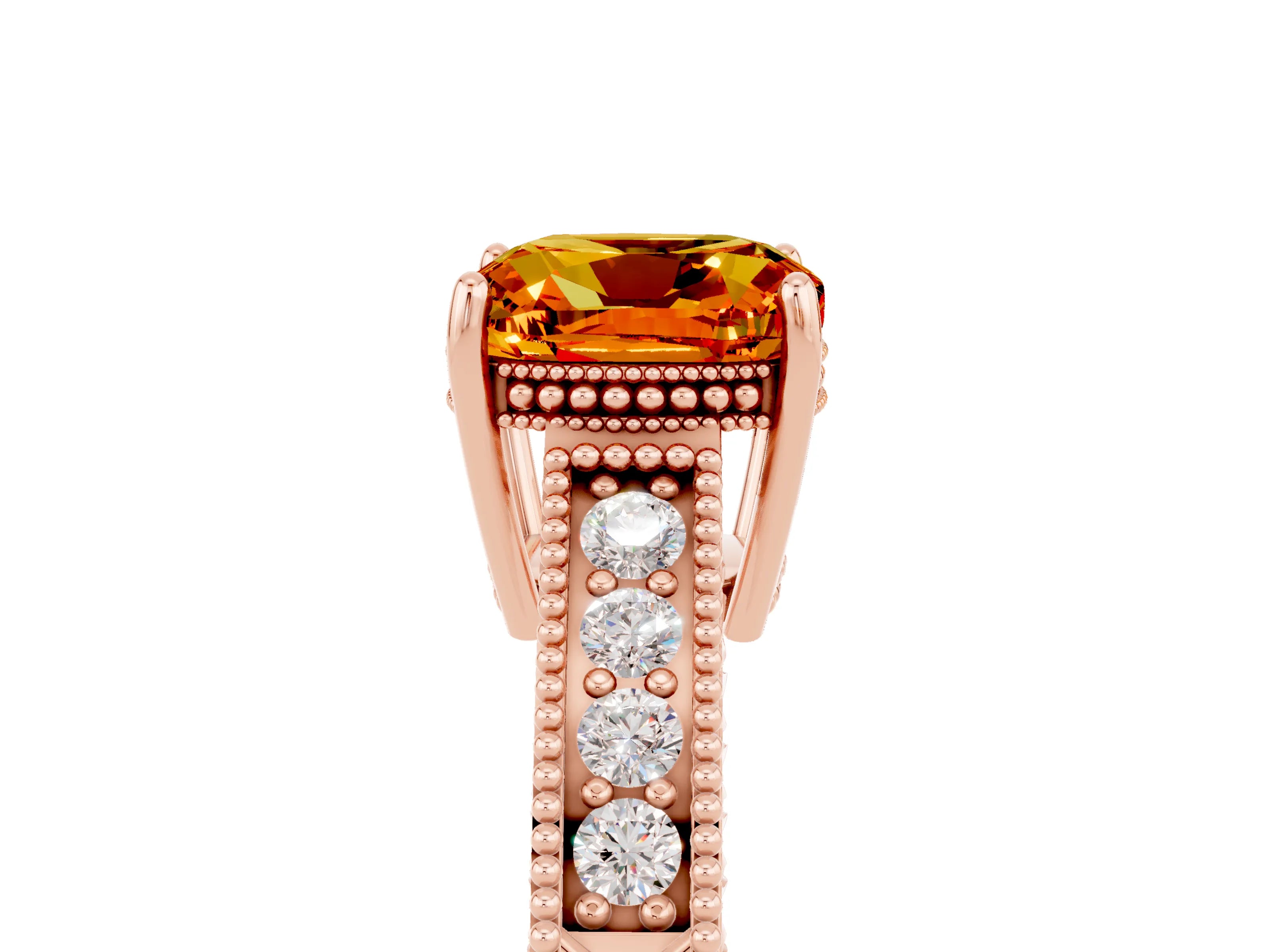 Rose gold Cushion Cut Citrine Ring with Milgrain Pavé Band and Four-Prong Setting_17