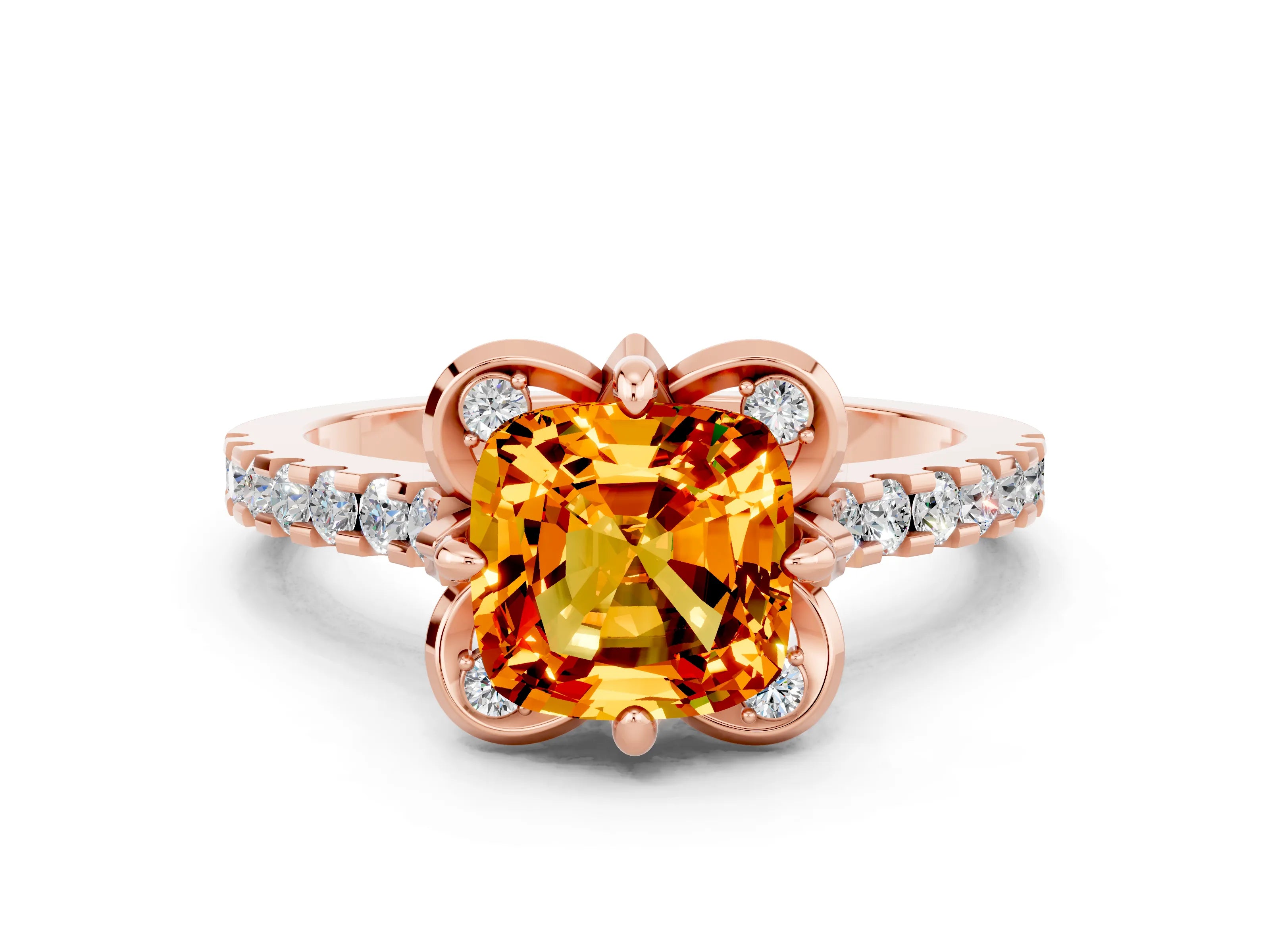 Rose gold Cushion Cut Citrine Ring with Pavé Band and Floral Prong Setting