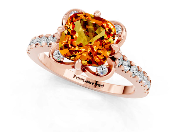 Rose gold Cushion Cut Citrine Ring with Pavé Band and Floral Prong Setting