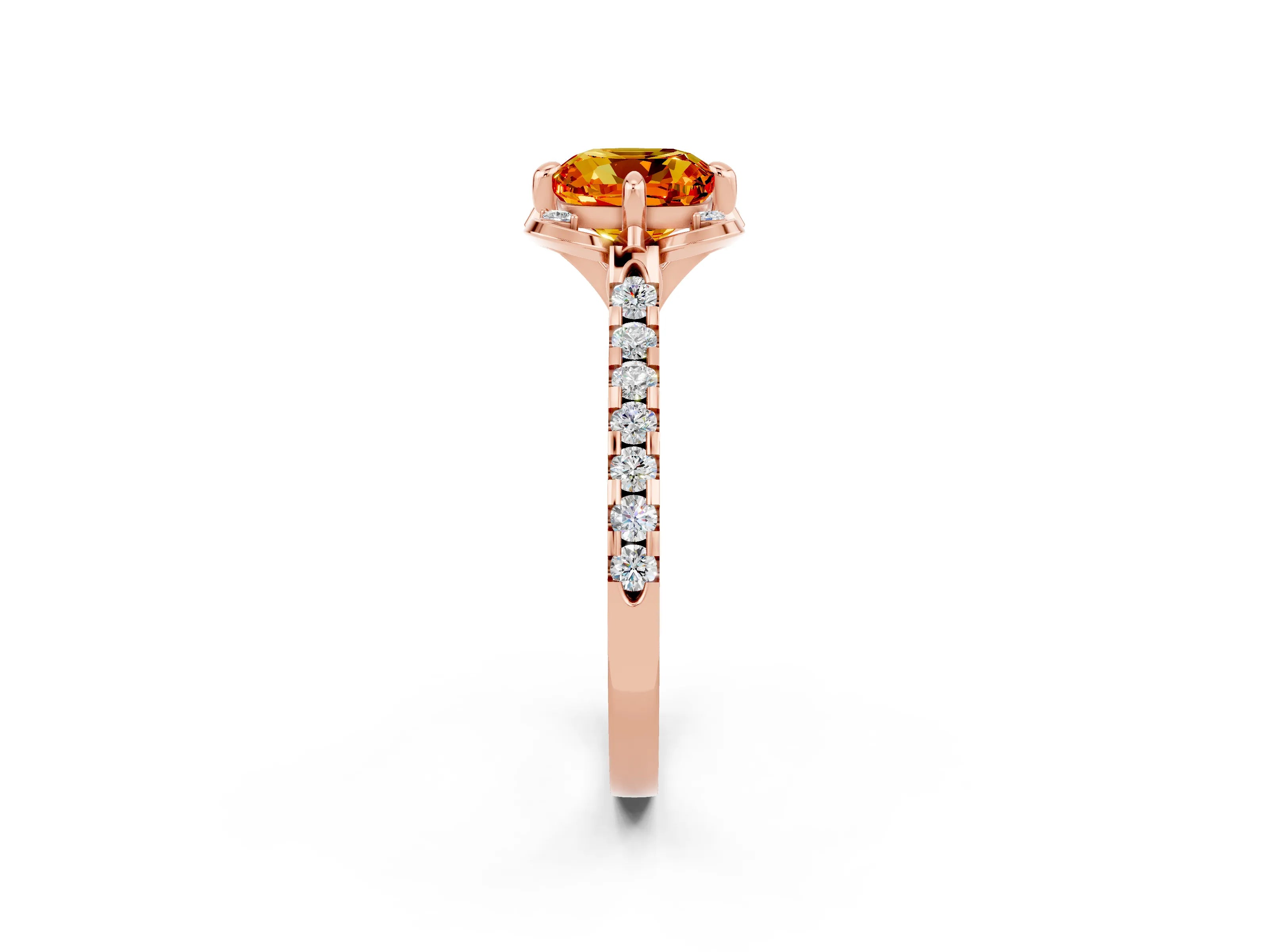 Rose gold Cushion Cut Citrine Ring with Pavé Band and Floral Prong Setting_2