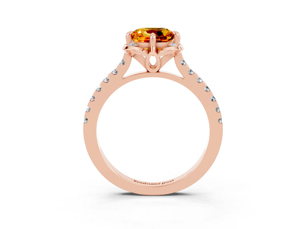 Rose gold Cushion Cut Citrine Ring with Pavé Band and Floral Prong Setting