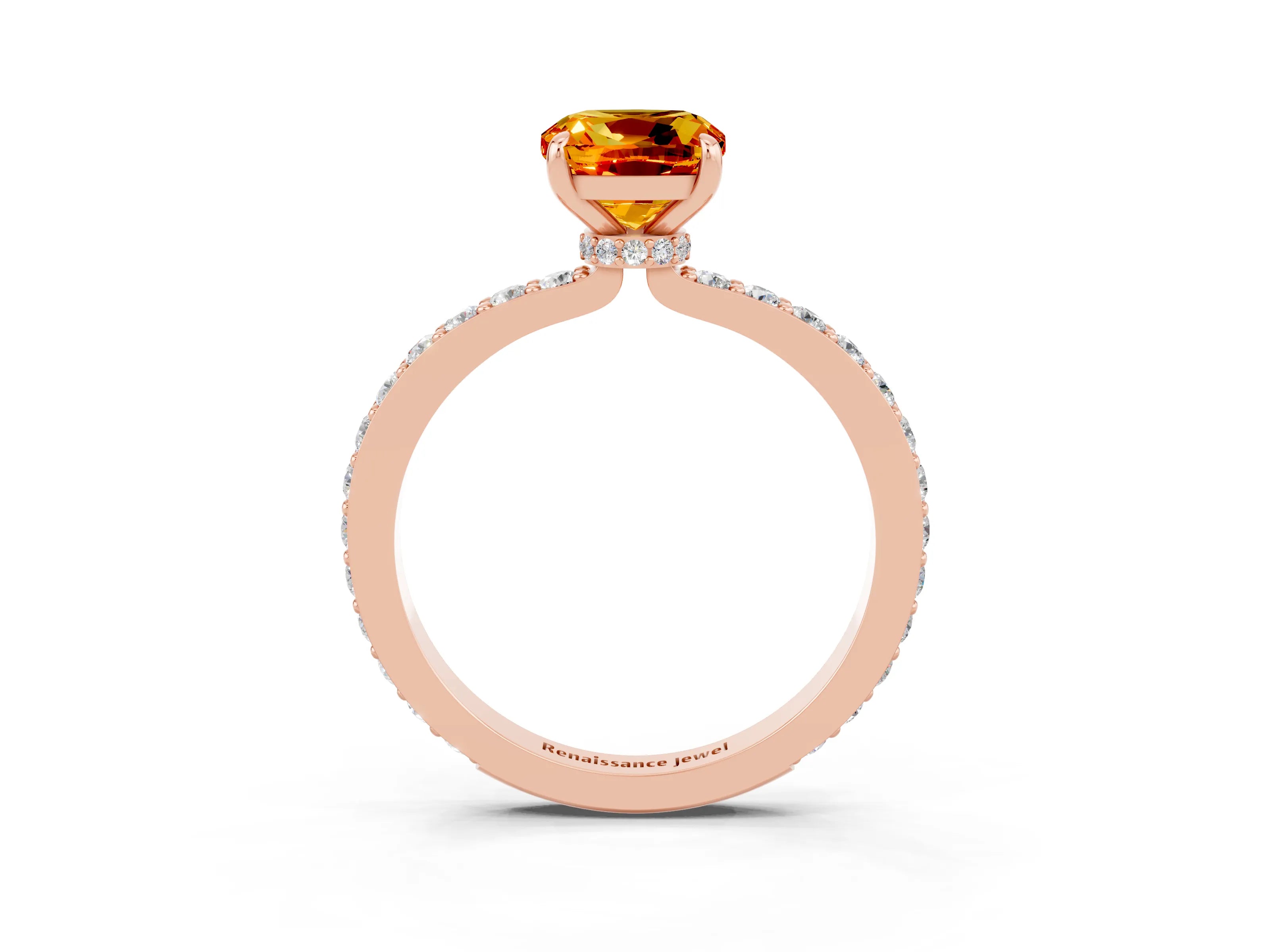 Rose gold Cushion Cut Citrine Ring with Pavé Band and Four-Prong Setting_3