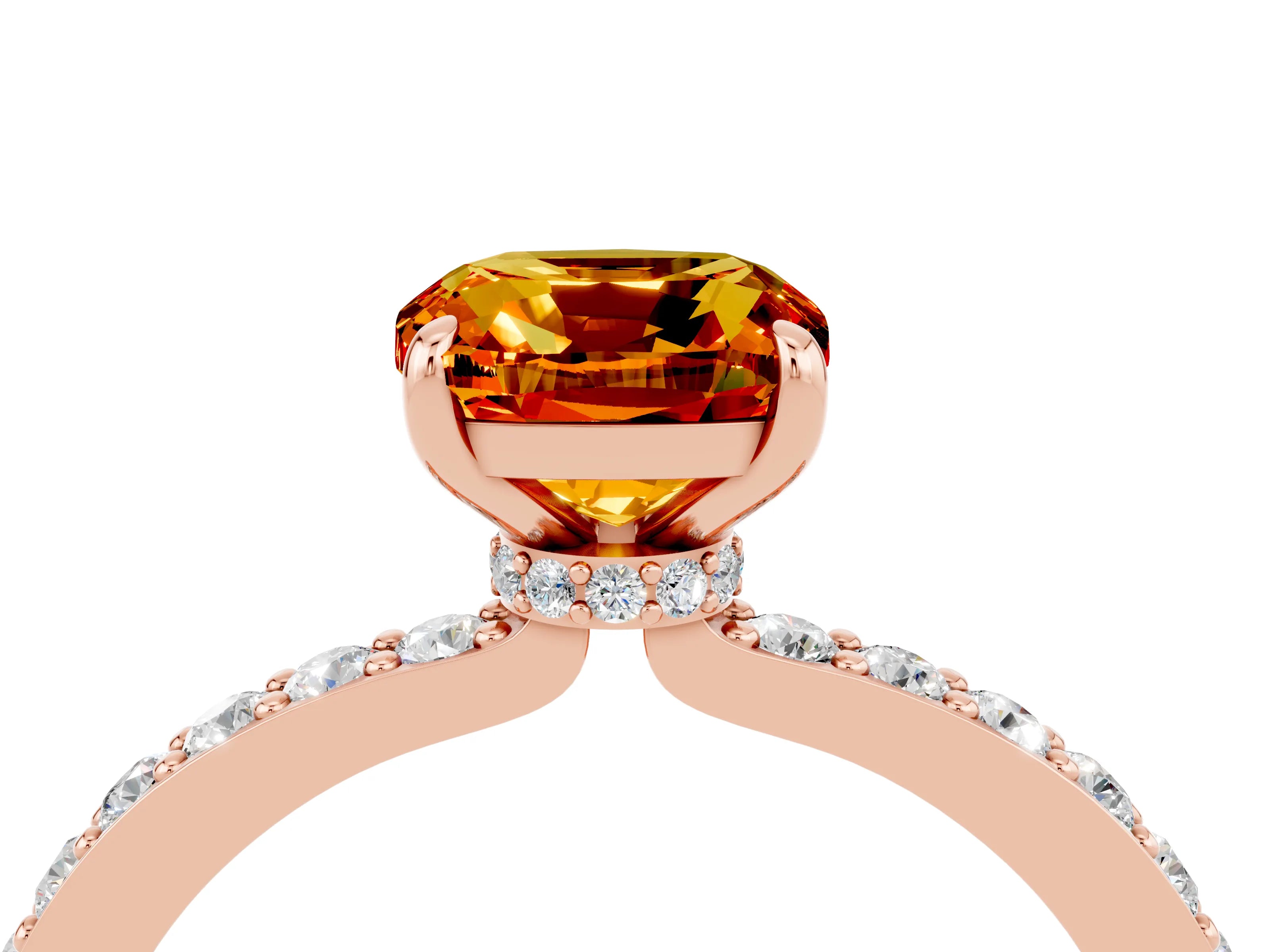 Rose gold Cushion Cut Citrine Ring with Pavé Band and Four-Prong Setting_4
