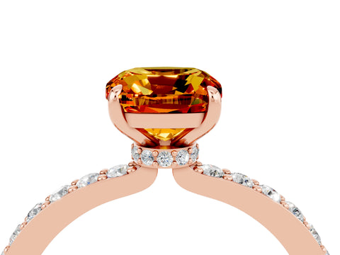Rose gold Cushion Cut Citrine Ring with Pavé Band and Four-Prong Setting_4