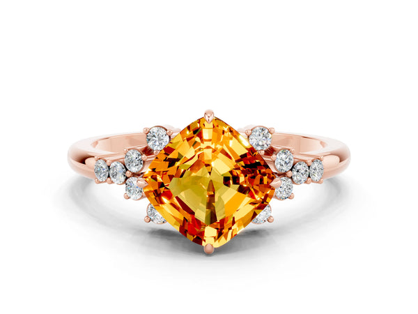 Rose gold Cushion Cut Citrine Ring with Side Stones and Four-Prong Setting