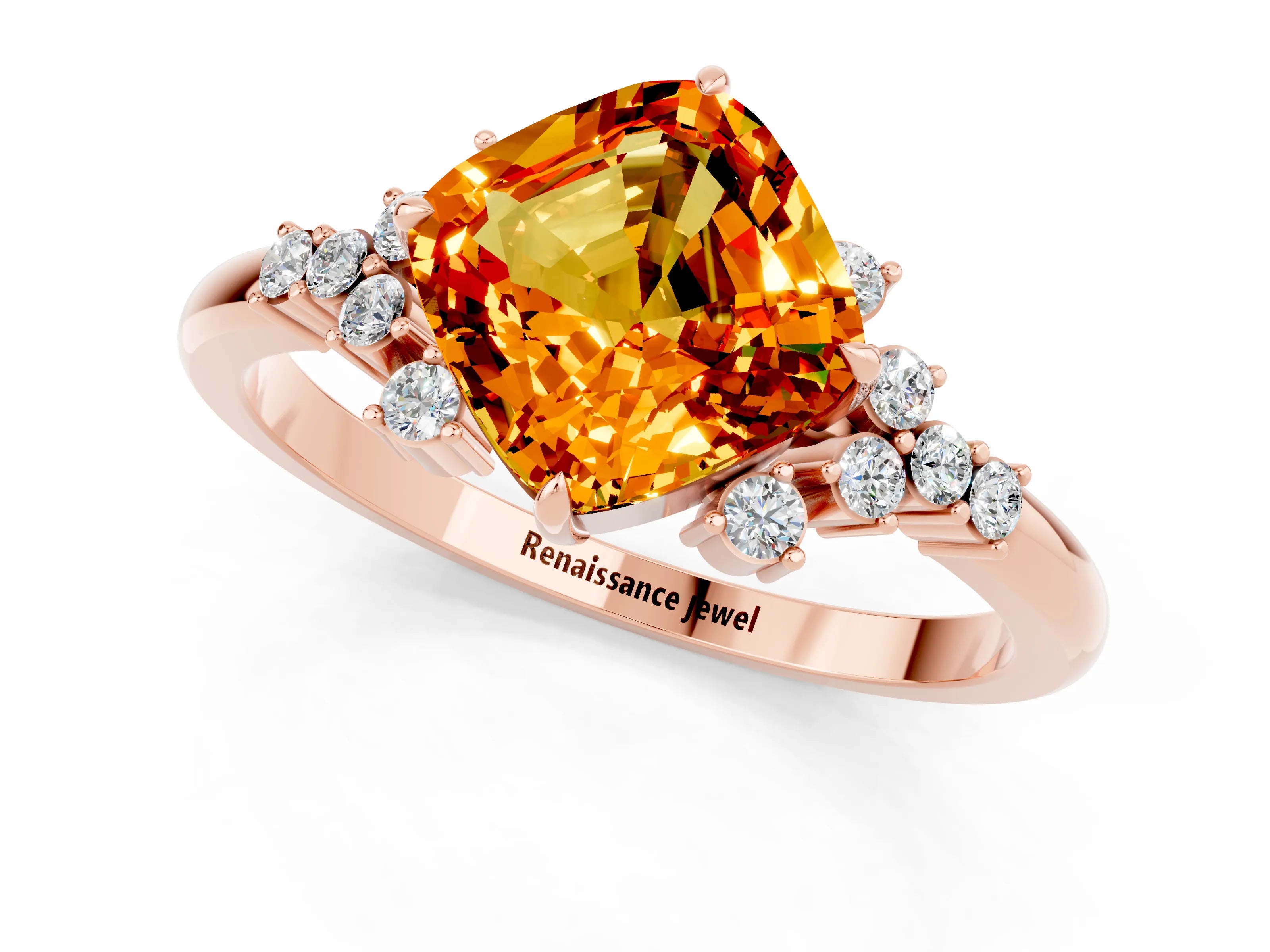 Rose gold Cushion Cut Citrine Ring with Side Stones and Four-Prong Setting_37