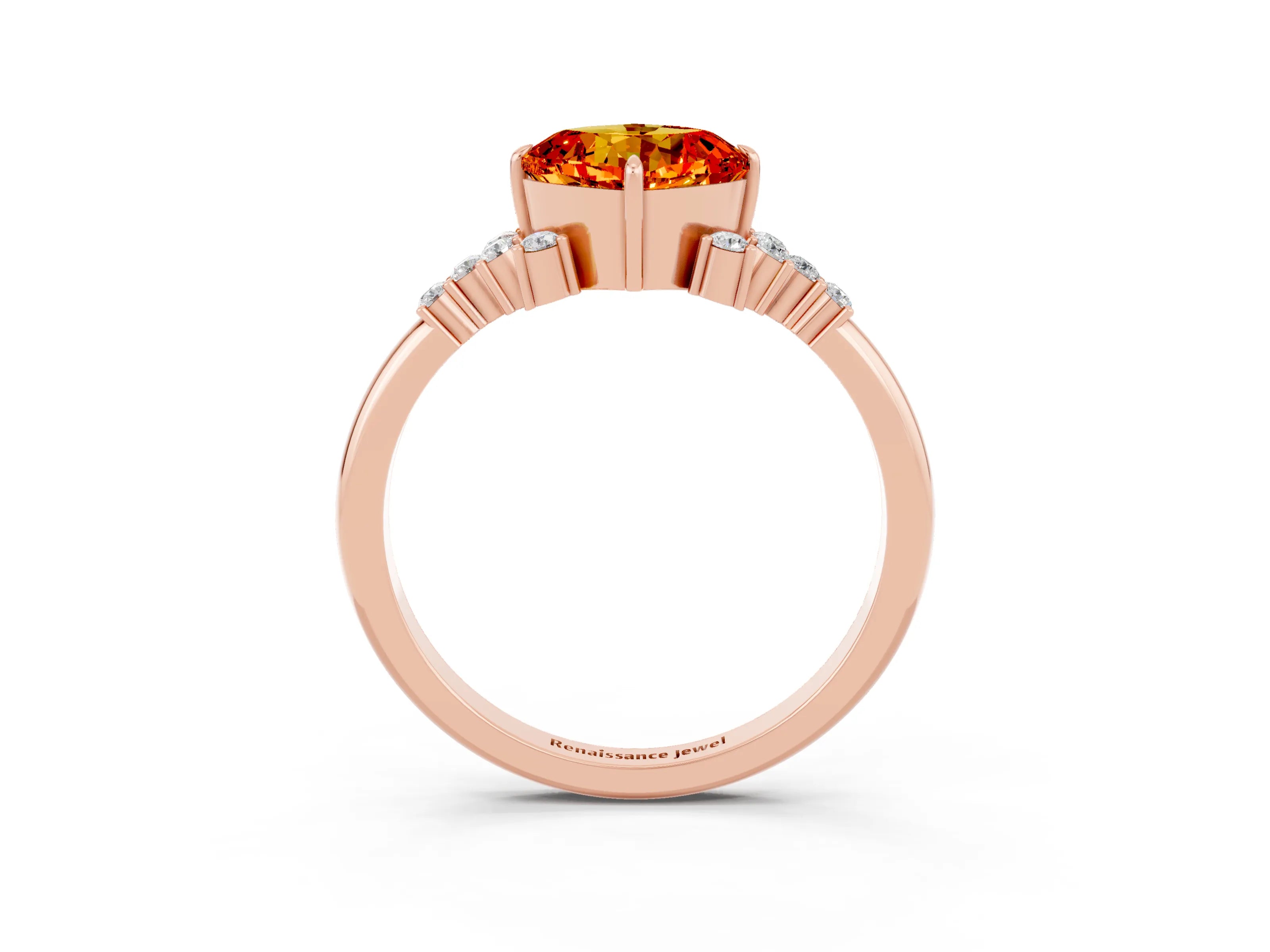 Rose gold Cushion Cut Citrine Ring with Side Stones and Four-Prong Setting_39