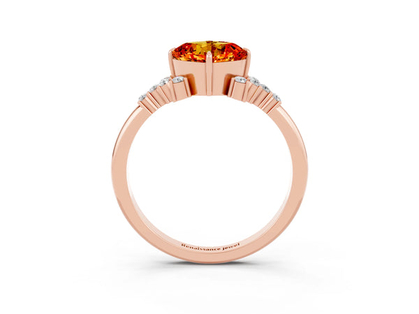 Rose gold Cushion Cut Citrine Ring with Side Stones and Four-Prong Setting