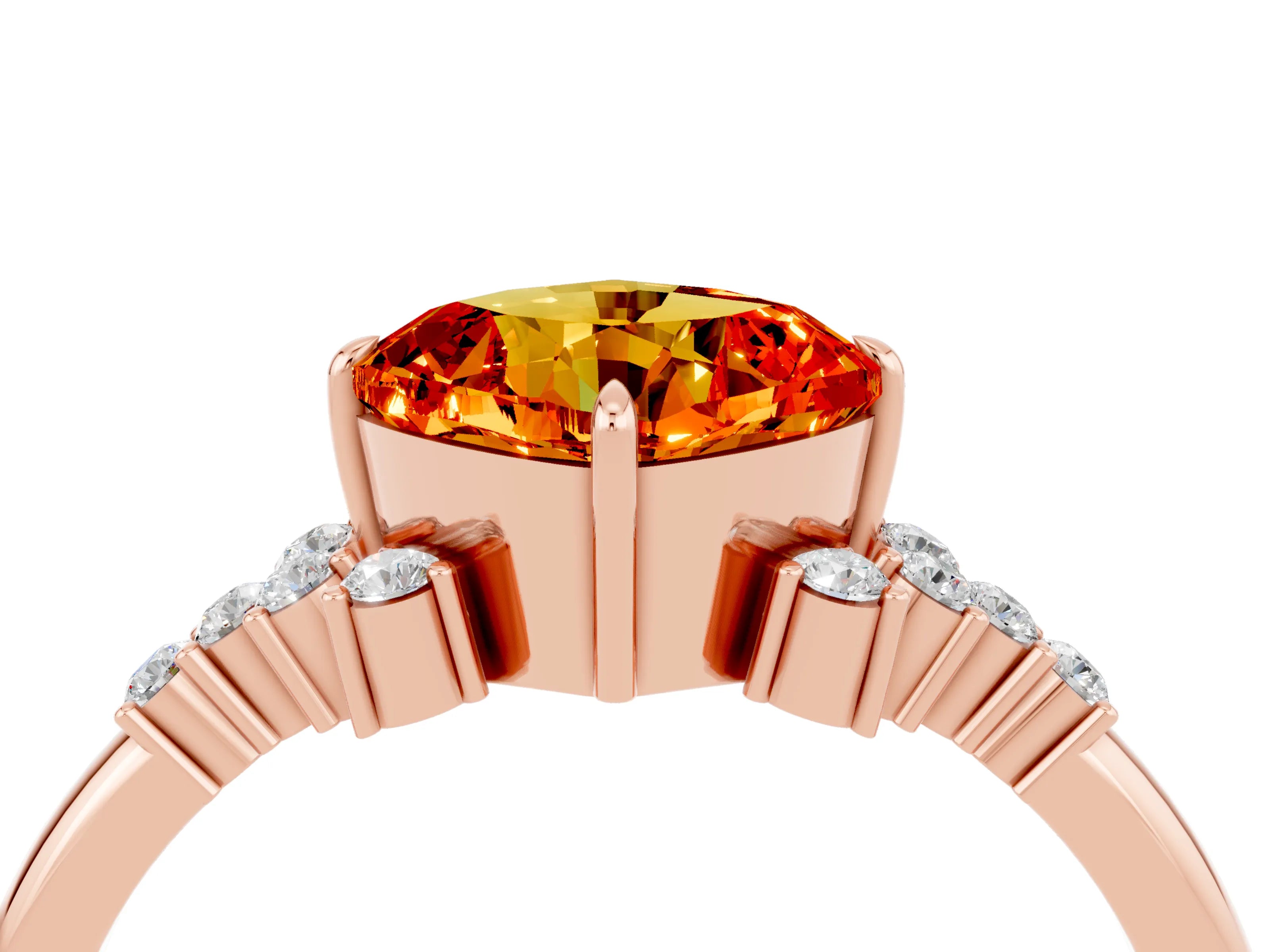 Rose gold Cushion Cut Citrine Ring with Side Stones and Four-Prong Setting_40