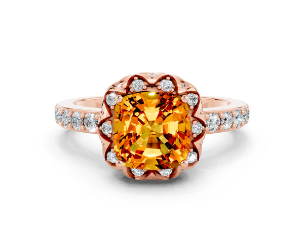 Rose gold Cushion Cut Citrine Scalloped Halo Engagement Ring with Round Shared Prong Band