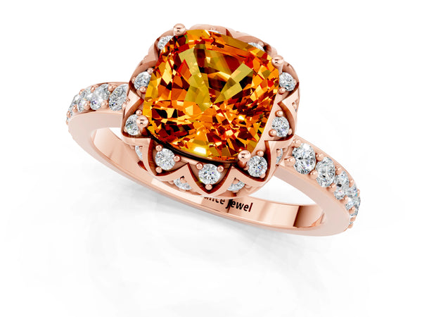 Rose gold Cushion Cut Citrine Scalloped Halo Engagement Ring with Round Shared Prong Band