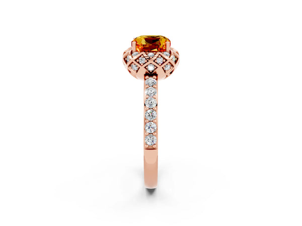 Rose gold Cushion Cut Citrine Scalloped Halo Engagement Ring with Round Shared Prong Band