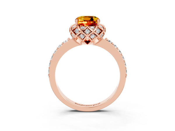 Rose gold Cushion Cut Citrine Scalloped Halo Engagement Ring with Round Shared Prong Band